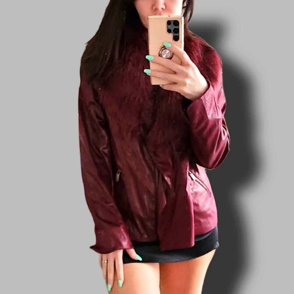 IMAN Luxury Chic Collection Burgundy Faux Fur Detachable Collar Sz L brand new - Picture 2 of 8